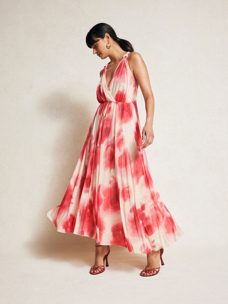 Mango Red Printed Pleated Dress - Image 2 of 7