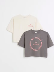 River Island Grey Girls 100% Cotton Crop T-Shirts 2 Pack - Image 1 of 3