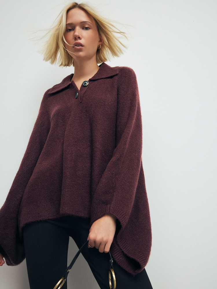 Berry Red Collared Poncho - Image 1 of 4