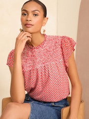 Love & Roses Red Geo Printed Shirred Yoke Shell Top - Image 1 of 4