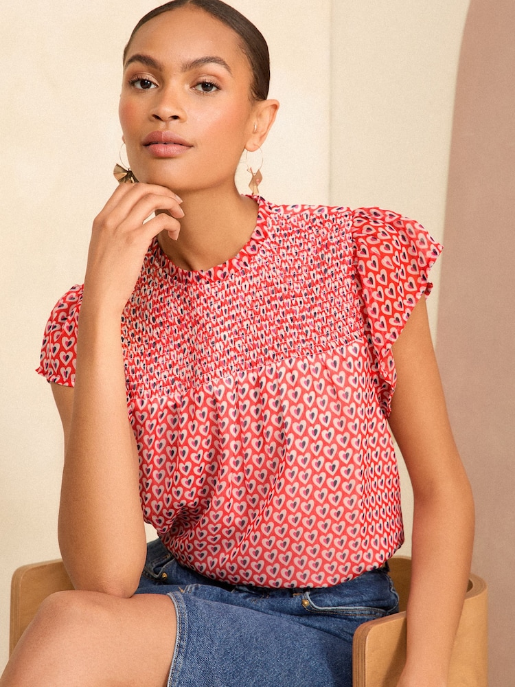 Love & Roses Red Geo Printed Shirred Yoke Shell Top - Image 1 of 4