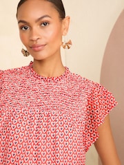 Love & Roses Red Geo Printed Shirred Yoke Shell Top - Image 2 of 4