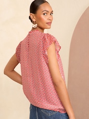 Love & Roses Red Geo Printed Shirred Yoke Shell Top - Image 3 of 4