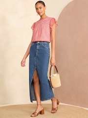 Love & Roses Red Geo Printed Shirred Yoke Shell Top - Image 4 of 4
