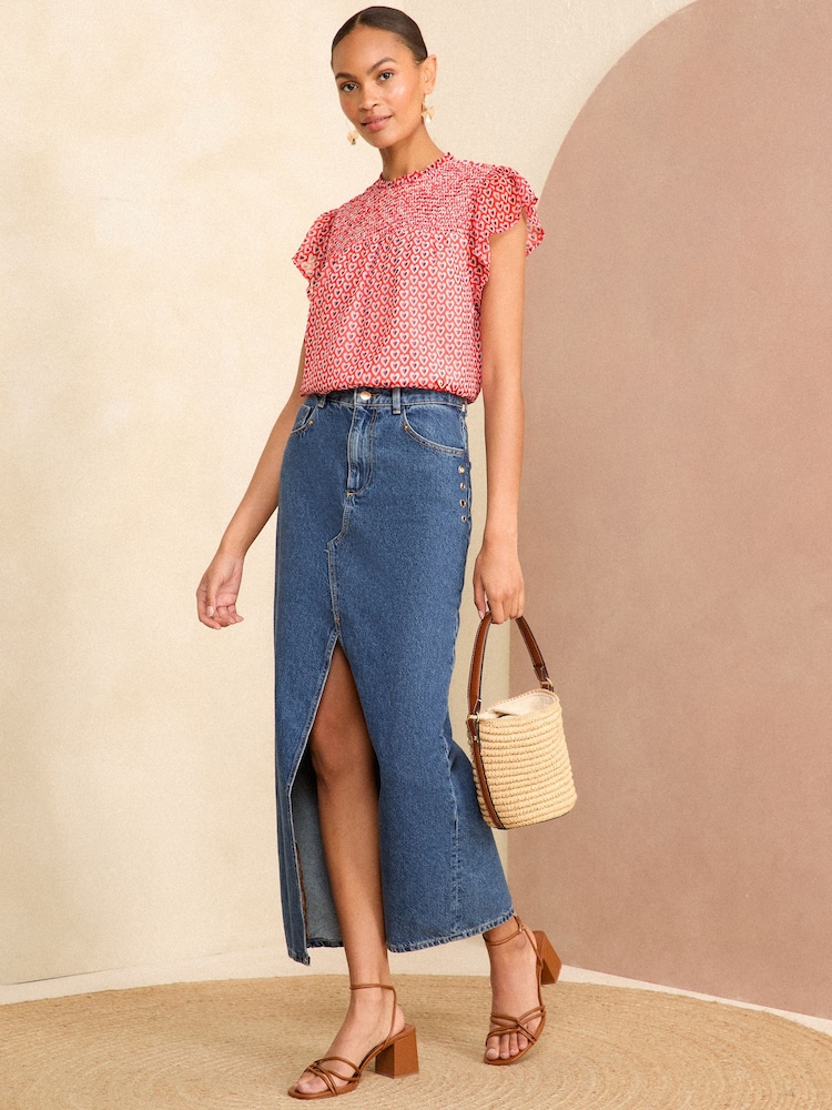 Love & Roses Red Geo Printed Shirred Yoke Shell Top - Image 4 of 4