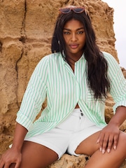 Yours Curve Green White & Stripe Print Boyfriend Shirt - Image 1 of 6
