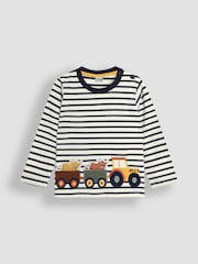 JoJo Maman Bébé Ecru Navy Stripe Tractor & Highland Cow Applique Top - Image 1 of 3