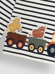 JoJo Maman Bébé Ecru Navy Stripe Tractor & Highland Cow Applique Top - Image 3 of 3