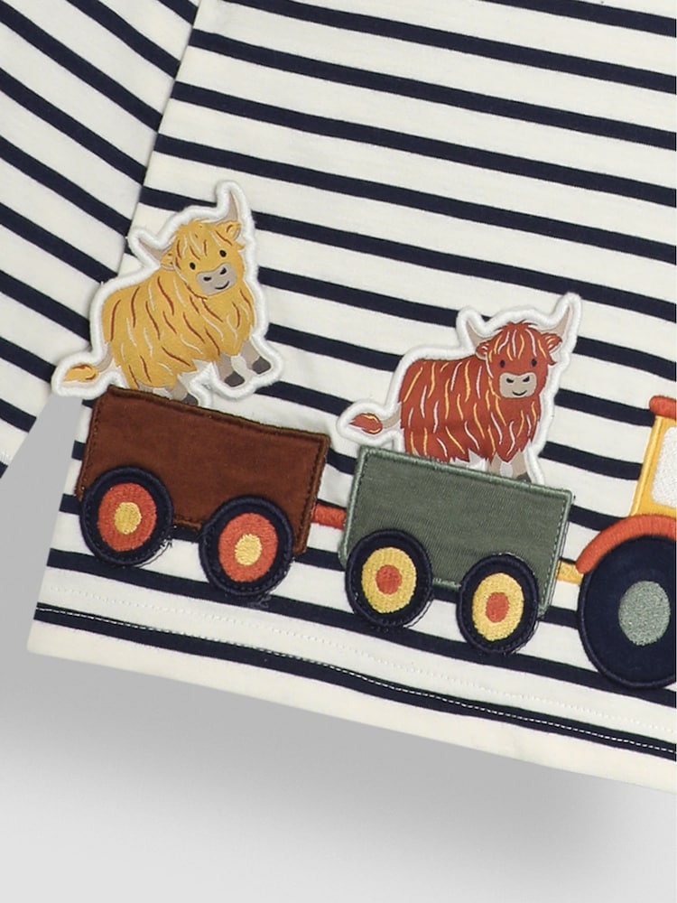 JoJo Maman Bébé Ecru Navy Stripe Tractor & Highland Cow Applique Top - Image 3 of 3