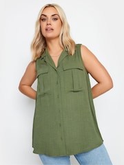 Yours Curve Khaki Green Sleeveless Utility Shirt - Image 1 of 4