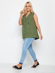Yours Curve Khaki Green Sleeveless Utility Shirt - Image 2 of 4