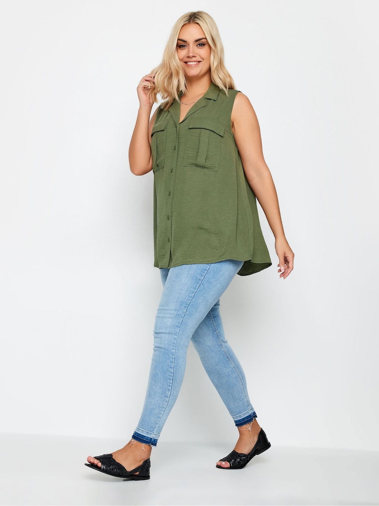 Yours Curve Khaki Green Sleeveless Utility Shirt - Image 2 of 4