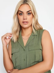 Yours Curve Khaki Green Sleeveless Utility Shirt - Image 4 of 4