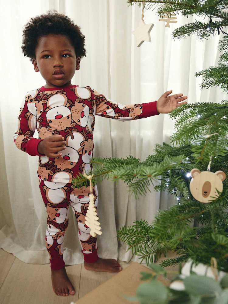 Red Reindeer 100% Cotton Single Christmas Pyjamas (9mths-10yrs) - Image 1 of 8