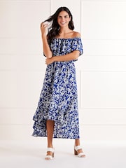 Mela Blue Ditsy Print Bardot Dipped Hem Dress - Image 1 of 4