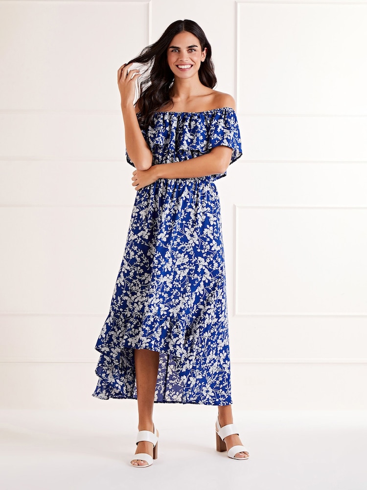 Mela Blue Ditsy Print Bardot Dipped Hem Dress - Image 1 of 4