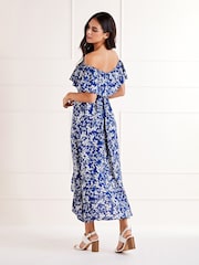 Mela Blue Ditsy Print Bardot Dipped Hem Dress - Image 2 of 4
