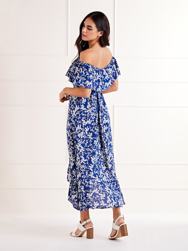 Mela Blue Ditsy Print Bardot Dipped Hem Dress - Image 2 of 4