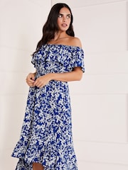 Mela Blue Ditsy Print Bardot Dipped Hem Dress - Image 3 of 4