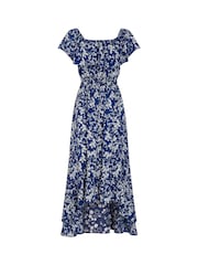 Mela Blue Ditsy Print Bardot Dipped Hem Dress - Image 4 of 4