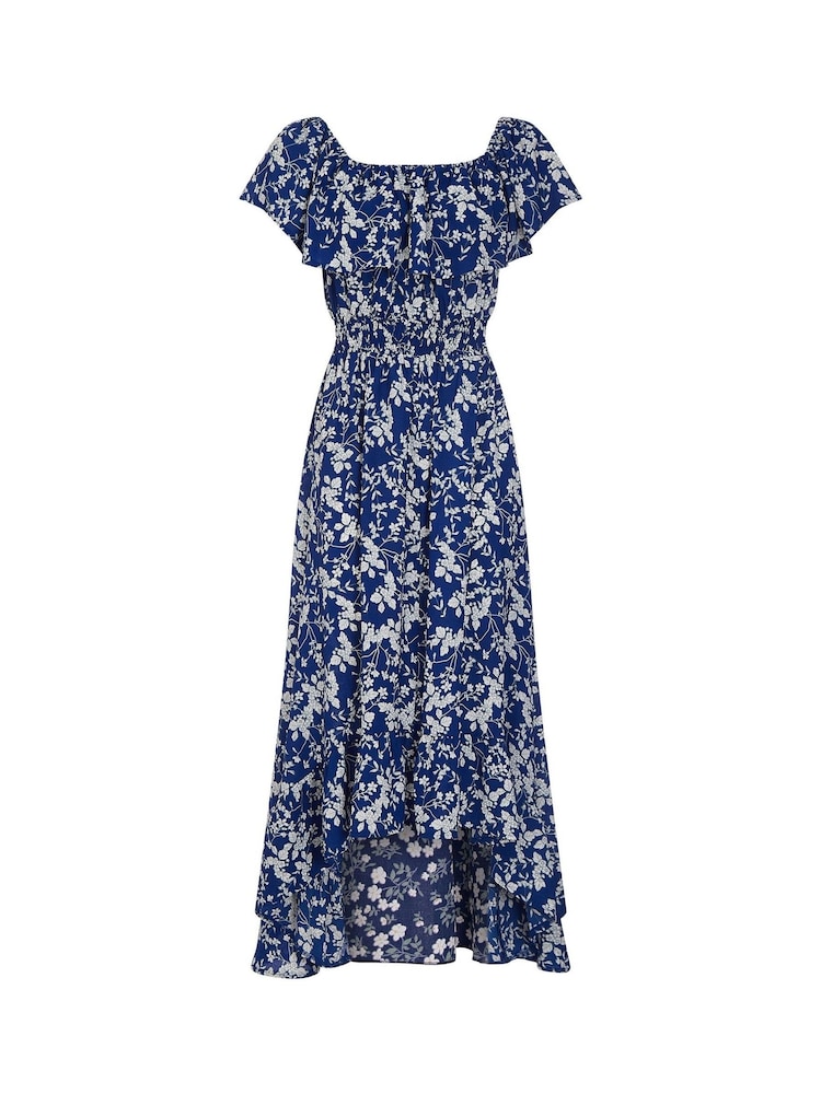 Mela Blue Ditsy Print Bardot Dipped Hem Dress - Image 4 of 4