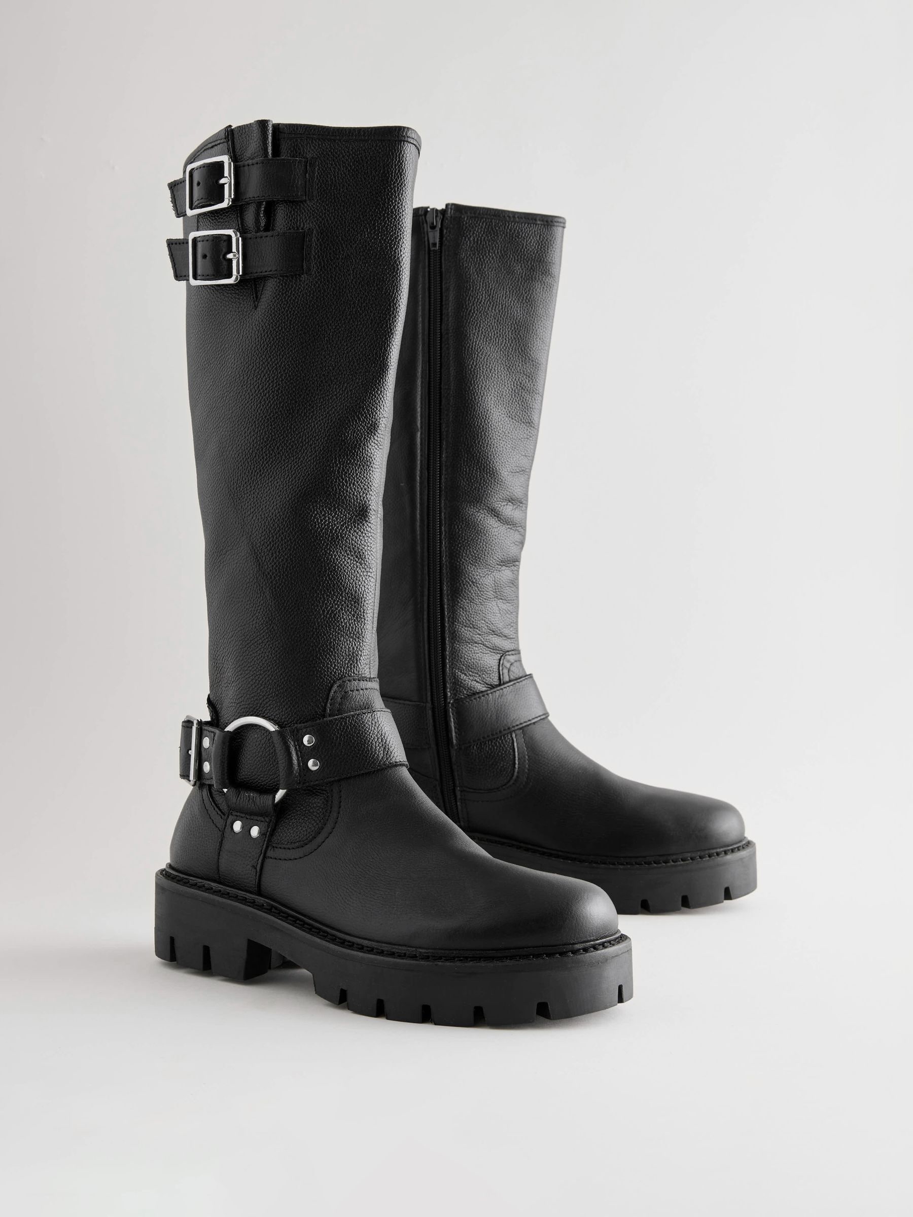 Knee high leather biker boots sales