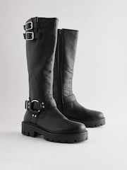 Black Leather Standard/Wide Fit Forever Comfort® Knee High Double Buckle Biker Boots - Image 1 of 10