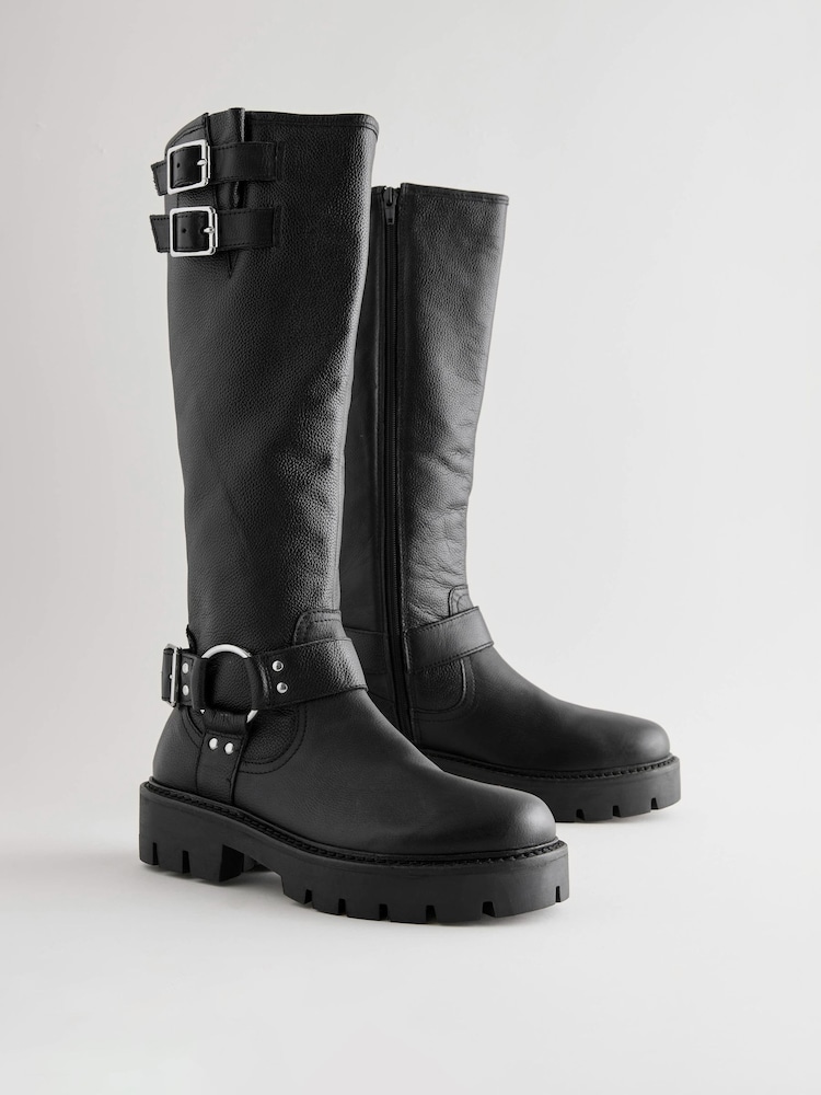 Black Leather Standard/Wide Fit Forever Comfort® Knee High Double Buckle Biker Boots - Image 1 of 10