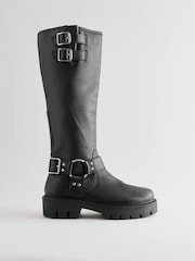Black Leather Standard/Wide Fit Forever Comfort® Knee High Double Buckle Biker Boots - Image 6 of 10