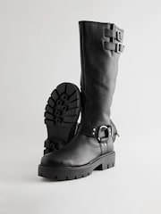 Black Leather Standard/Wide Fit Forever Comfort® Knee High Double Buckle Biker Boots - Image 7 of 10