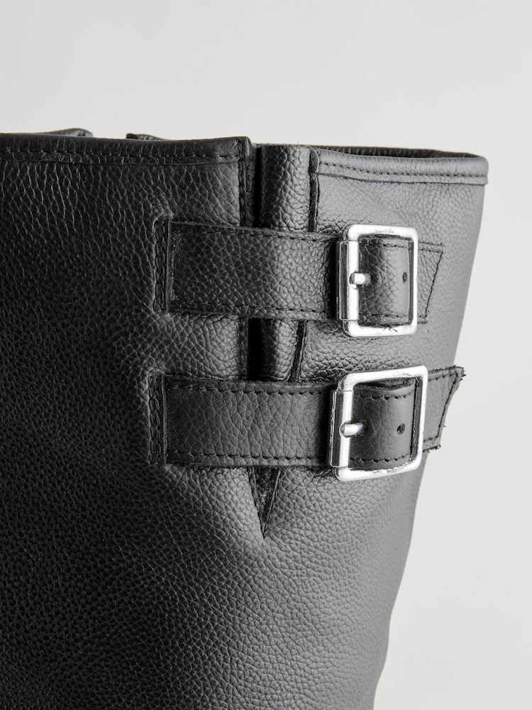 Black Leather Standard/Wide Fit Forever Comfort® Knee High Double Buckle Biker Boots - Image 9 of 10