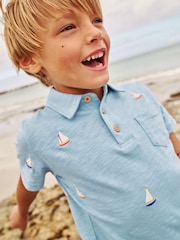 Boden Blue Embroidered Slubbed 100% Cotton Polo Shirt - Image 1 of 4