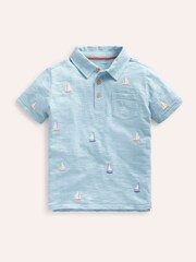 Boden Blue Embroidered Slubbed 100% Cotton Polo Shirt - Image 2 of 4