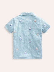 Boden Blue Embroidered Slubbed 100% Cotton Polo Shirt - Image 3 of 4