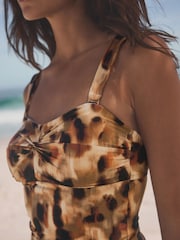 Brown Leopard Wide Strap Tummy Control Bandeau Tankini Top - Image 4 of 8