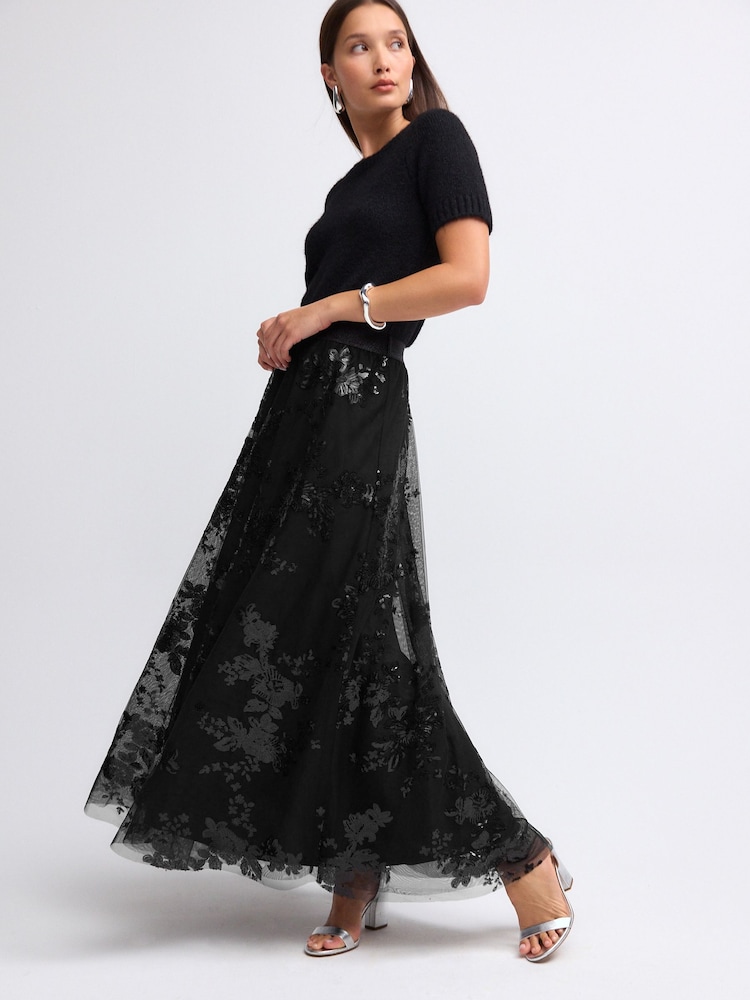 Black Sequin Maxi Skirt - Image 1 of 7