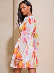 Lipsy White Floral Long Sleeve Round Neck Mini Dress - Image 2 of 4