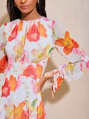 Lipsy White Floral Long Sleeve Round Neck Mini Dress - Image 3 of 4