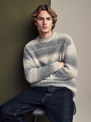 Neutral/Grey Relaxed Fit Bouclé Texture Stripe Crew Jumper with Wool - Image 1 of 7