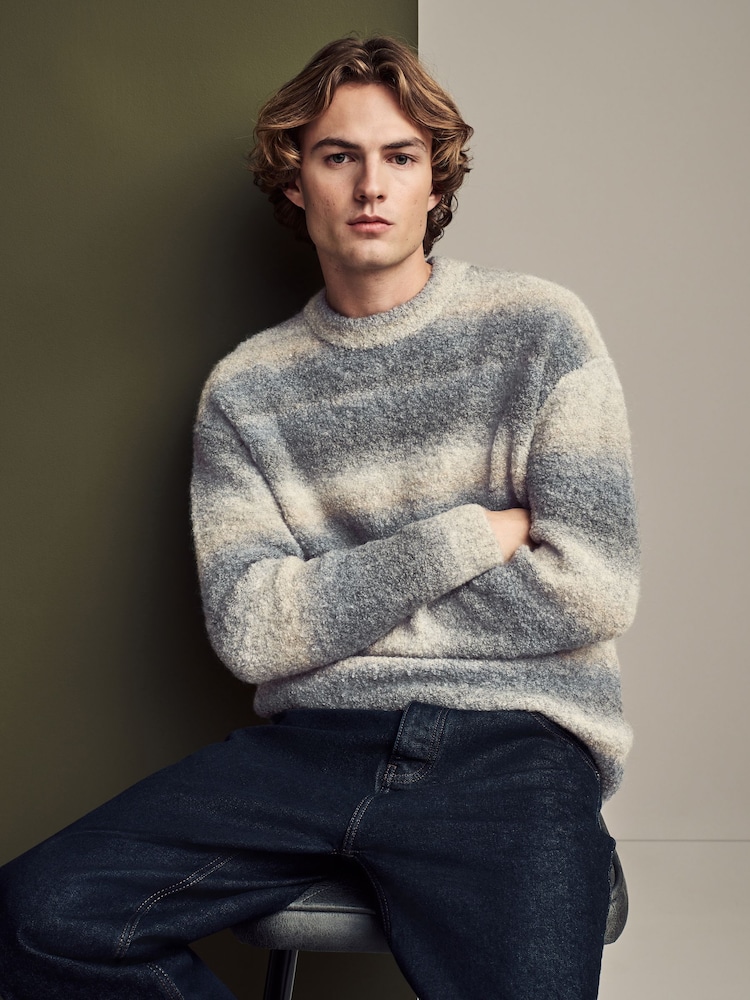 Neutral/Grey Relaxed Fit Bouclé Texture Stripe Crew Jumper with Wool - Image 1 of 7