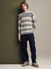 Neutral/Grey Relaxed Fit Bouclé Texture Stripe Crew Jumper with Wool - Image 2 of 7