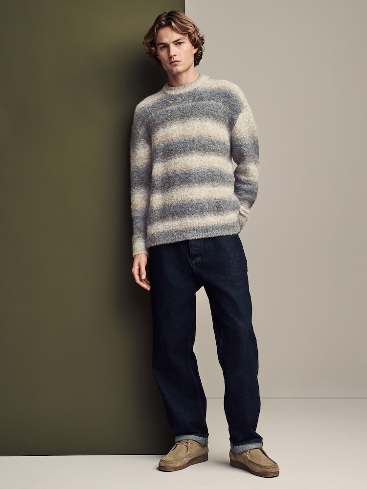 Neutral/Grey Relaxed Fit Bouclé Texture Stripe Crew Jumper with Wool - Image 2 of 7