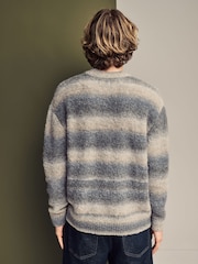 Neutral/Grey Relaxed Fit Bouclé Texture Stripe Crew Jumper with Wool - Image 3 of 7