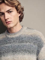 Neutral/Grey Relaxed Fit Bouclé Texture Stripe Crew Jumper with Wool - Image 4 of 7
