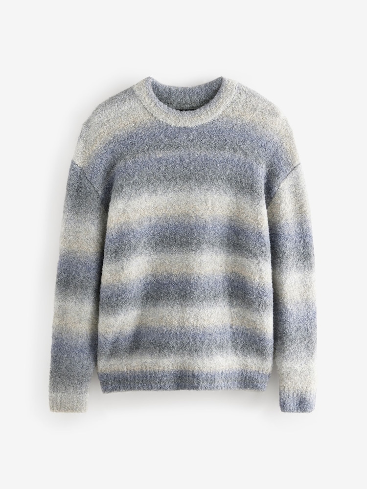 Neutral/Grey Relaxed Fit Bouclé Texture Stripe Crew Jumper with Wool - Image 7 of 7