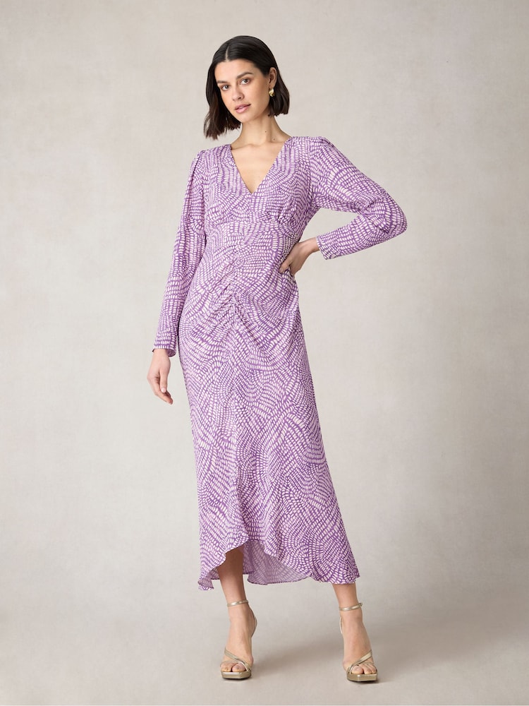 Ro&Zo Petite Purple Geo Print Ruched Front Midi Dress - Bild 1 von 5