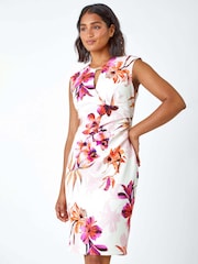 Roman White Floral Print Ruched Shift Stretch Dress - Image 2 of 5