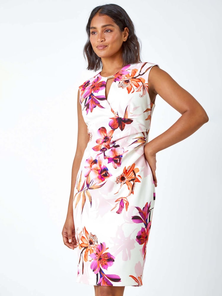 Roman White Floral Print Ruched Shift Stretch Dress - Image 2 of 5