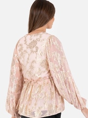 Lovedrobe Pink Long Sleeve Foiled Gathered Waist Peplum Top - Image 2 of 5