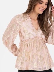 Lovedrobe Pink Long Sleeve Foiled Gathered Waist Peplum Top - Image 3 of 5